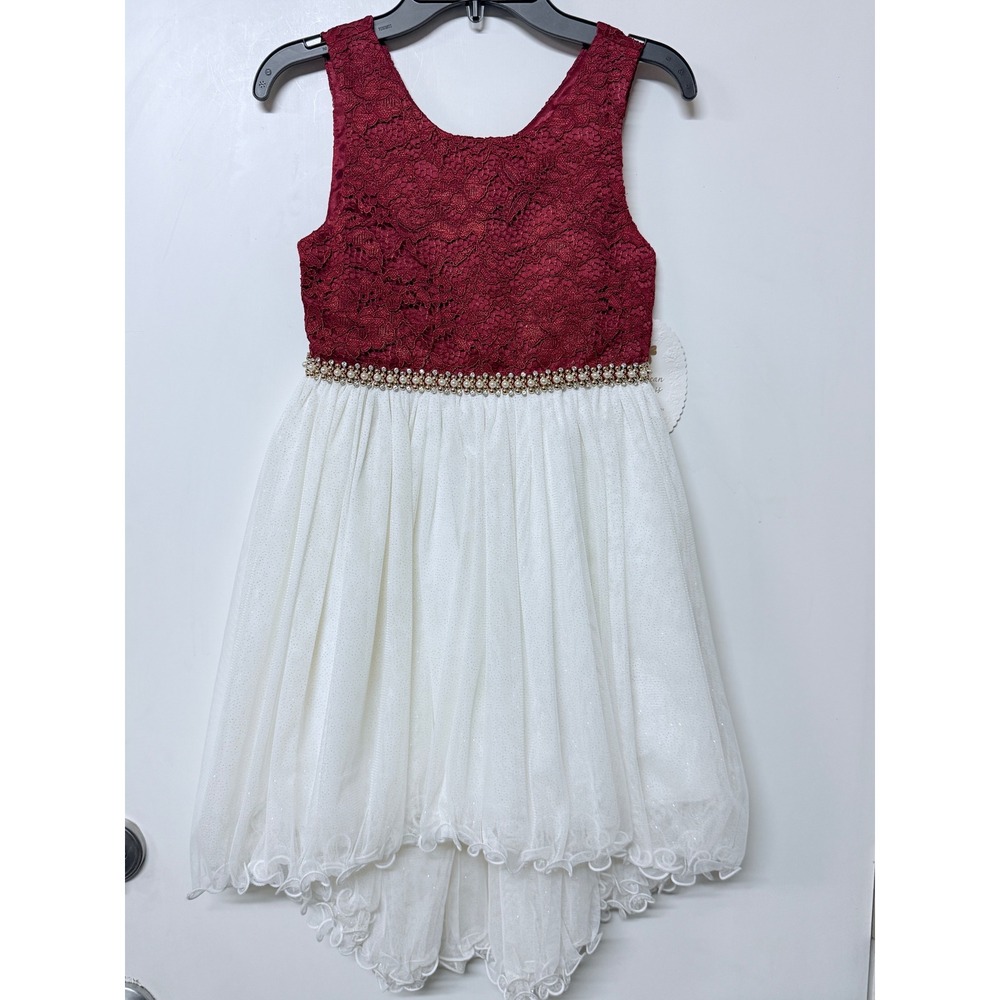 American Princess Girls Ruby Red Lace Ivory Tulle High Low Dress Size 8